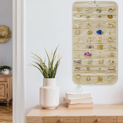 Hanging Jewelry Organizer Storage Roll with Hanger Metal Hooks Double-Sided Jewelry Holder for Necklaces, Earrings, Rings on Door, Wall, Closet, 48 Pocket Organizer,Beige