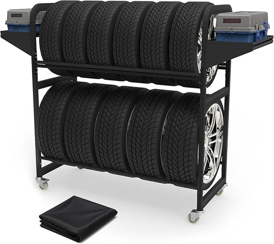 Tire Storage Rack 57" x 55.1" x 20" w/Anti-dust Cover, Adjustable Rolling Tire Rack for Garage Black w/4 Swivel Casters & 2 Storage Shelf for Garage Storage