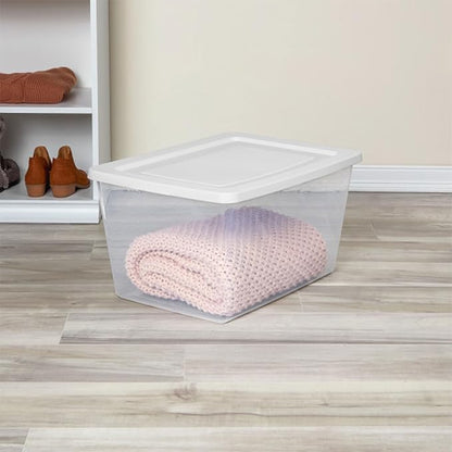Sterilite 16 Pack Storage Box, 58 Quart Stackable Tote, Clear Plastic Container with Secure Snapping Lids for Home and Office Organization, White
