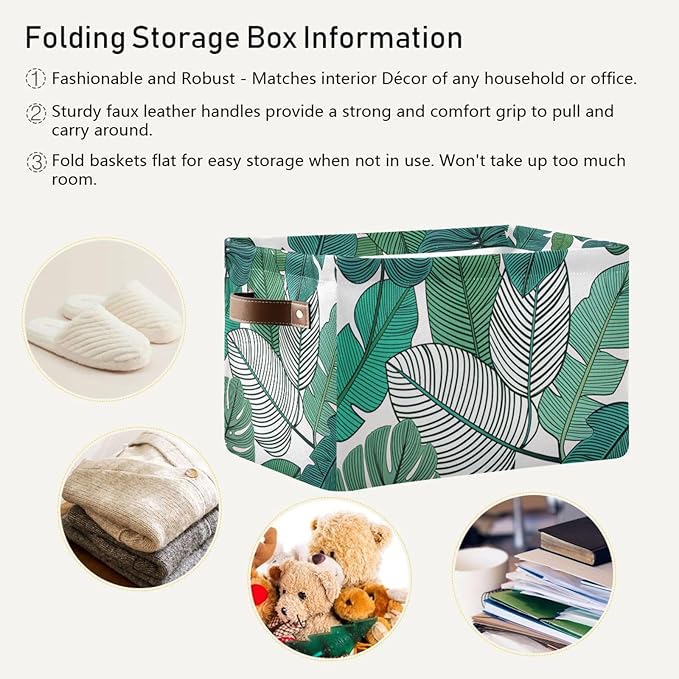 Tropical Leaves Bin - Large Storage Basket for Home Office (15x11x9.5inch)