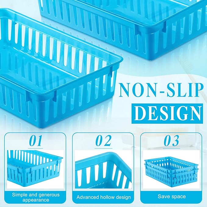 Wenqik 24 Pcs Plastic Storage Baskets for Classroom Organizing Small Pantry Storage Bins Rectangular Tray for Back to School Household Toys Classroom Bedrooms, Kitchens Countertops(Blue)