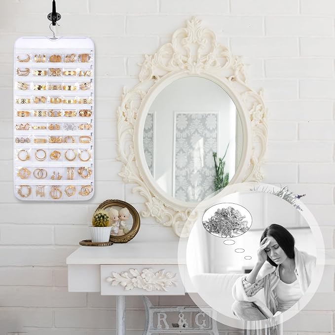2 Pack Hanging Jewelry Organizer 80 Zippered Pockets 80-Pocket Dual-sided Jewelry Storage for Necklace Bracelet Earring RingsTravel Holder - White