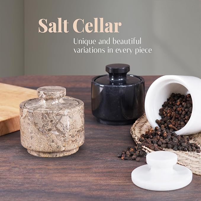 MARBLOUS KRAFTS Marble Salt Cellar with Lid 3" Oceanic Flaky Salt Bowl Kitchen Countertop Storage, Perfect for Small Spice Jar and Sugar Bowl