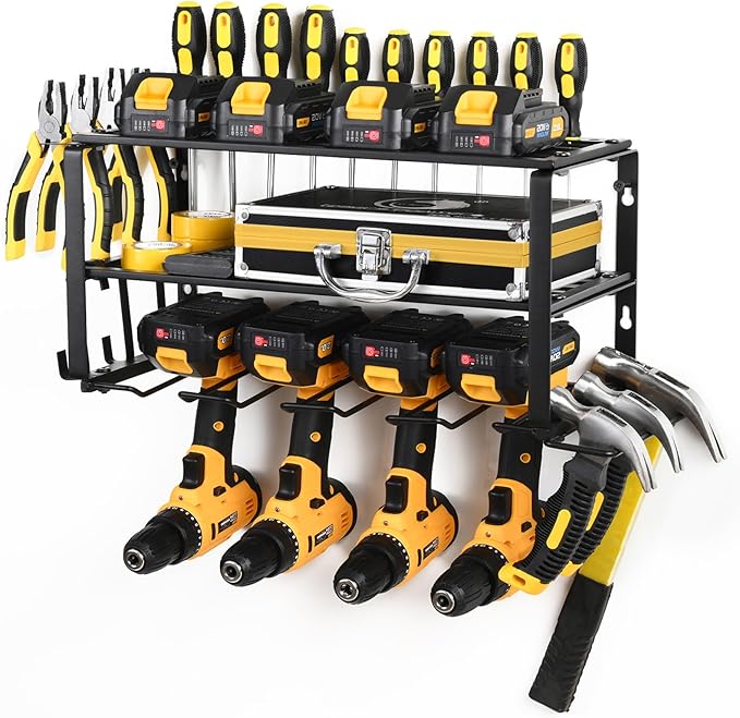 Wall Mount Power Tool Organizer, 3 Layers Garage Wall Organize with 4 Cordless Drill Holders, Storage Rack for Workshop/Garage, 150Lbs Load Capacity, Heavy Duty Iron, Matte Black