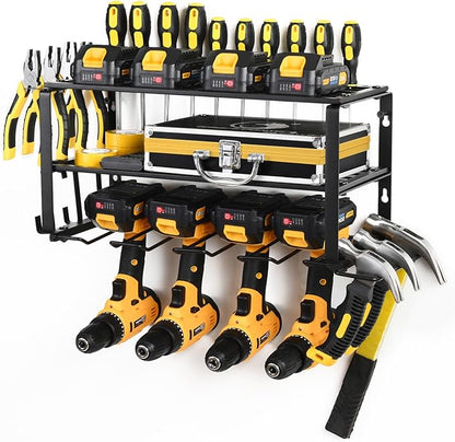 Wall Mount Power Tool Organizer, 3 Layers Garage Wall Organize with 4 Cordless Drill Holders, Storage Rack for Workshop/Garage, 150Lbs Load Capacity, Heavy Duty Iron, Matte Black