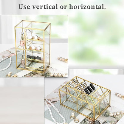 ELLDOO Rollerball Perfume Organizer, 6 Compartment Clear Glass Perfume Storage Holder Vintage Beauty Scent Holder, Metal Makeup Lipgloss Lipstick Display Case