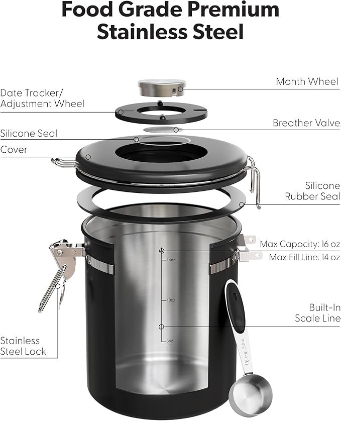 Veken Coffee Canister with Window, Family Choice Awards Winner, Airtight Stainless Steel Home Kitchen Food Storage Container with Lids for Grounds, Beans, Tea, Flour,Cereal,Sugar Jars,Scoop,16OZ,Black