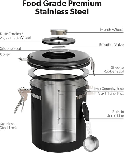 Veken Coffee Canister with Window, Family Choice Awards Winner, Airtight Stainless Steel Home Kitchen Food Storage Container with Lids for Grounds, Beans, Tea, Flour,Cereal,Sugar Jars,Scoop,16OZ,Black