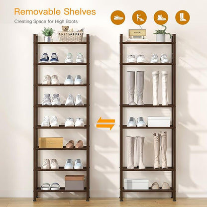 usikey 8 Tiers Narrow Shoe Rack 16-24 Pairs, Sturdy Metal Tall Shoe Rack with 4 Hooks, Slim Shoe Storage Organizer with Metal Shelf, Space Saving Vertical Shoe Shelf for Entryway BronzeUNYXJX016A