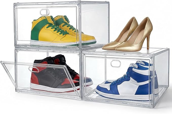 3-Pack Clear Stackable Shoe Display Cases – Large Plastic Storage Bins with Magnetic Door for Size 14 Sneakers, Organizer for Handbags, Collectibles & Closet