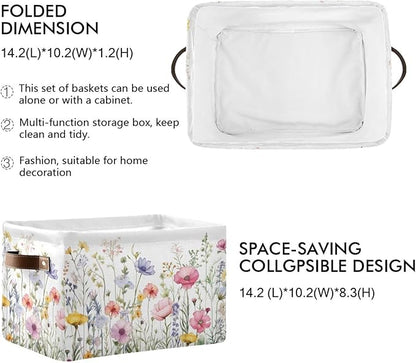 YETTASBIN Herbal Wildflowers Storage Basket 2pc, Large Collapsible Toys Clothes Organizer, Durable Canvas Storage Bin with Handle for Shelves Closet Laundry Home Office Decor