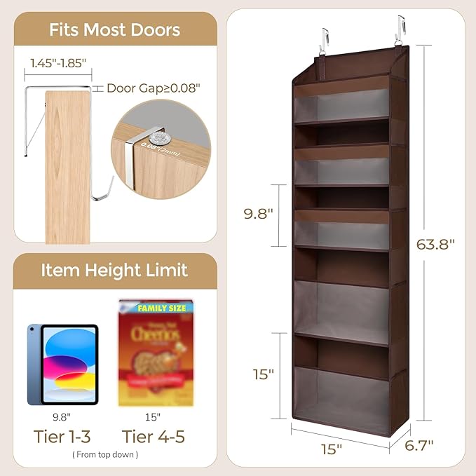 5 Tiers Over Door Organizer with 10 Mesh Side Pockets, 44 lbs Weight Capacity Hanging Storage Organizer with Clear Window Kids Toys, Shoes, Diapers, Dark Brown