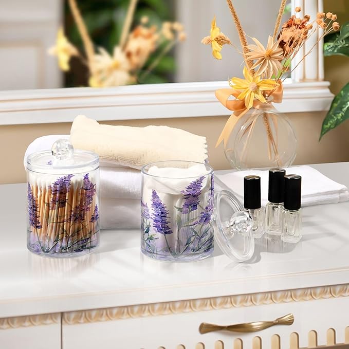 4 Pack Qtip Holder Dispenser Purple Lavender Floral A Cotton Ball Swab Round Pads Floss Clear Bathroom Storage Containers Plastic Apothecary Jars with Lids