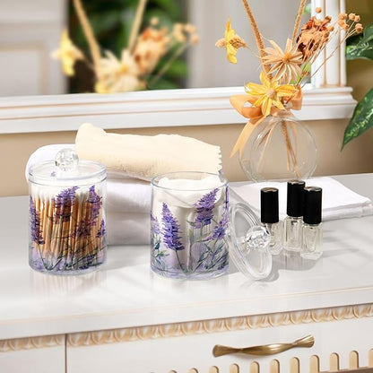 4 Pack Qtip Holder Dispenser Purple Lavender Floral A Cotton Ball Swab Round Pads Floss Clear Bathroom Storage Containers Plastic Apothecary Jars with Lids