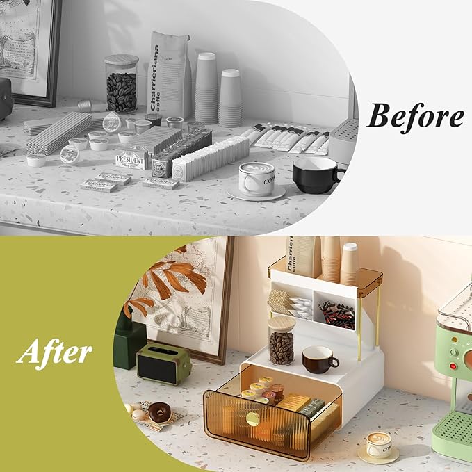 FOLLOWIN 3 Tiers Makeup Organizer with Drawer, Cosmetic Display with Lipsticks Brush Holder, Cosmetics and Beauty Supplies Organizers for Vanity, Dresser, Bathroom Desktop Countertop Organizer, Amber
