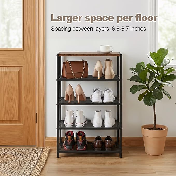 Narrow Shoe Rack for Front Door Entrance, Entryway, and Closet Shoe Organizer with 4 Sturdy Metal Mesh Shelves and Wooden Top, Holds 10 Pairs, Ideal for Storage or Display