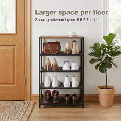 Narrow Shoe Rack for Front Door Entrance, Entryway, and Closet Shoe Organizer with 4 Sturdy Metal Mesh Shelves and Wooden Top, Holds 10 Pairs, Ideal for Storage or Display