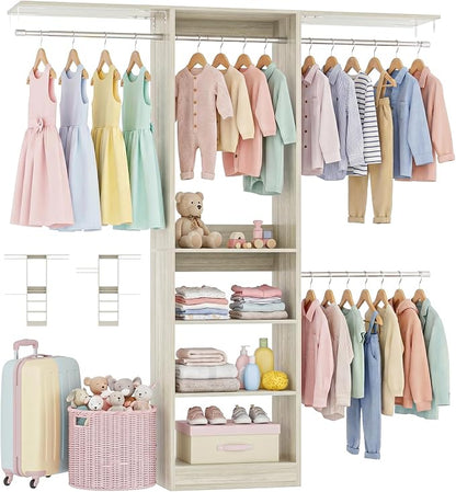 iSunirm 48" Small Closet System, Space-Saving Wall-Mounted Wardrobe Organizer, Mini Garment Rack for Narrow Spaces, Morning Outfit Prep Station & Nursery Dress-up Storage, White Oak