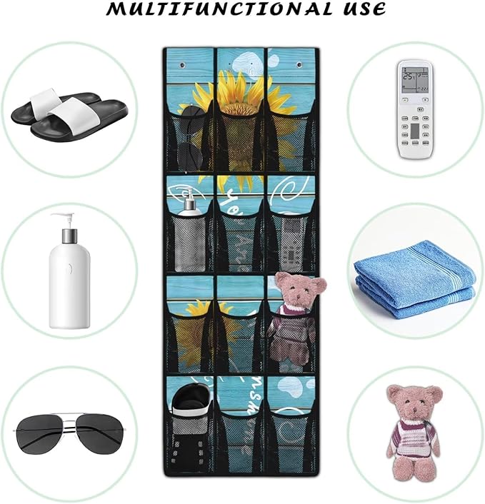 Sunflowers Behind The Door Organizer Easy to Install Boards Door Hanger Organizer for Closet Mesh Fabric Blue Shoe Holder Hanger for School