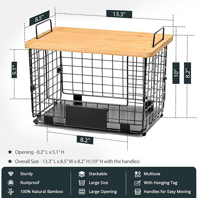 1 Pack Stackable Storage Trash Bag Baskets with Bamboo Top, Large & Standard Trash, Garbage Bag Holder Dispenser, Multiuse Basket for Kitchen Pantry Cabinet Counter Under Sink Laundry Organizing
