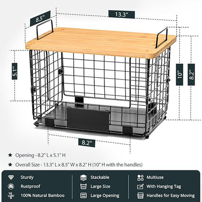 1 Pack Stackable Storage Trash Bag Baskets with Bamboo Top, Large & Standard Trash, Garbage Bag Holder Dispenser, Multiuse Basket for Kitchen Pantry Cabinet Counter Under Sink Laundry Organizing