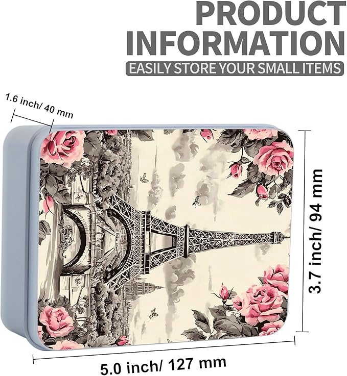 Metal Tin Box Sturdy Metal Storage Box with Lid, Eiffel Tower Rose Large Container Holder for TCG Cards, Car Keys, Cookies, Tin Containers for Gift, 5.0x3.7x1.6 Inch, Exquisite Pattern Design