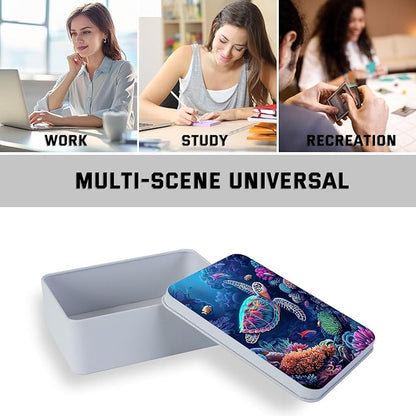 Metal Tin Box with Lid for Game Cards Home Organizer Candles Keys Crafts Storage - Equipped with 4 Magnetic Cord Clips，Sea Turtle