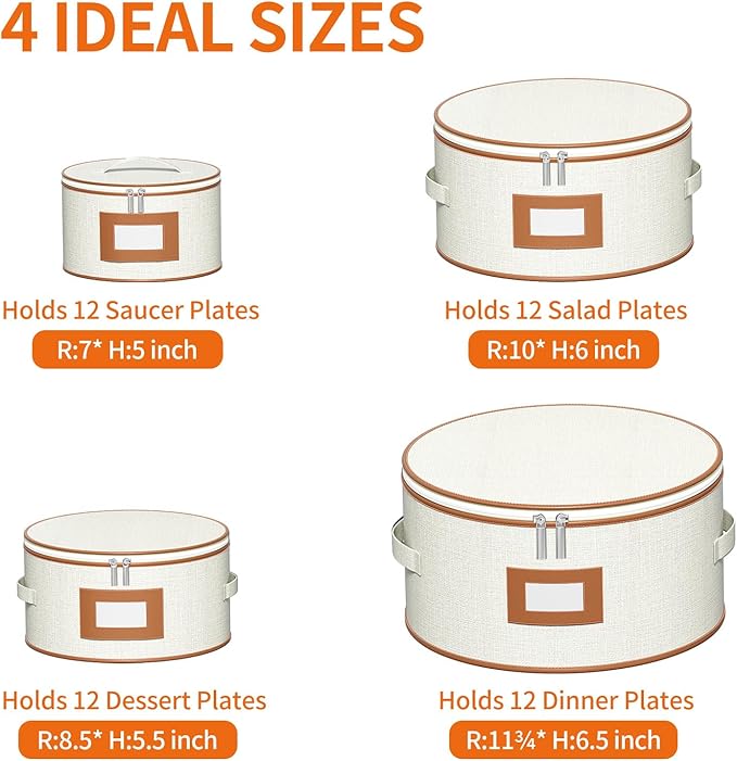 Aokeyee 4-Piece Plate Storage Box, Hard Shell Storage Containers with 48 Soft Dividers for Saucer, Dessert, Salad & Dinner Plates, Sturdy Quilted Stackable Dish Organizer for Moving & Protection,Ivory