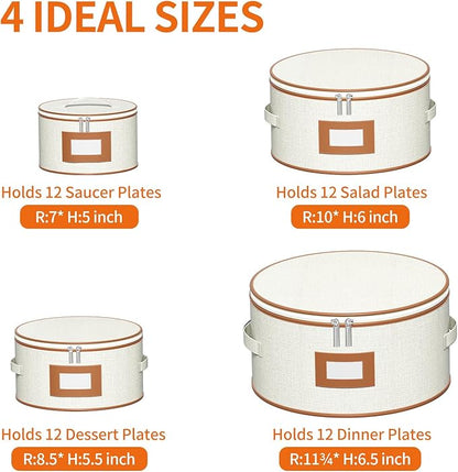 Aokeyee 4-Piece Plate Storage Box, Hard Shell Storage Containers with 48 Soft Dividers for Saucer, Dessert, Salad & Dinner Plates, Sturdy Quilted Stackable Dish Organizer for Moving & Protection,Ivory