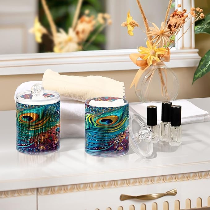 4 Pack Qtip Holder Dispenser Peacock Feathers Rainbow Feathers Blue Cotton Ball Swab Round Pads Floss Clear Bathroom Storage Containers Plastic Apothecary Jars with Lids