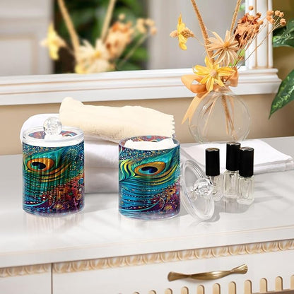 4 Pack Qtip Holder Dispenser Peacock Feathers Rainbow Feathers Blue Cotton Ball Swab Round Pads Floss Clear Bathroom Storage Containers Plastic Apothecary Jars with Lids