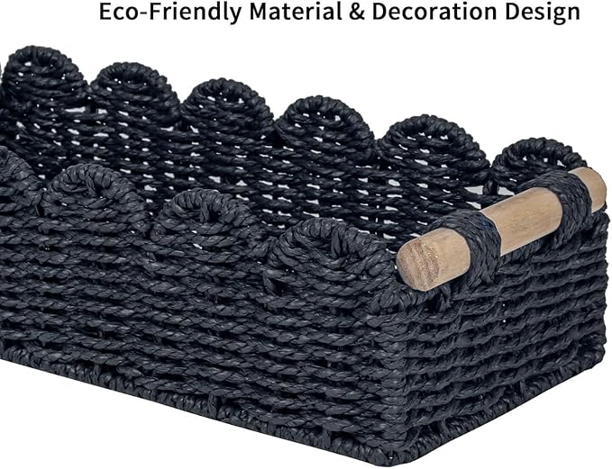 CubesLand Bathroom Basket Organizer, Toilet Tank Paper Storage Baskets 2-Pack, Scalloped Decorative Basket for Countertop w/Handle, Wicker Basket for Bathroom Decor, Home Decor, Living Room, Black