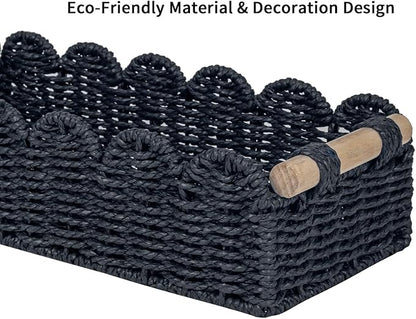 CubesLand Bathroom Basket Organizer, Toilet Tank Paper Storage Baskets 2-Pack, Scalloped Decorative Basket for Countertop w/Handle, Wicker Basket for Bathroom Decor, Home Decor, Living Room, Black