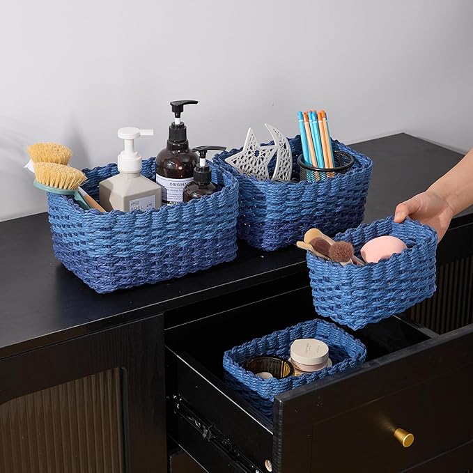 4PCS Woven Storage Baskets Set, Small Baskets for Organizing, Square Handwoven Paper Rope Organizer Bins for Shelves and Home Storage (Blue)