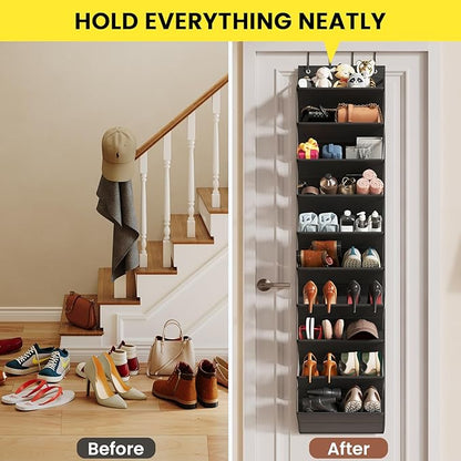 20-25 Pairs Over the Door Shoe Organizer, Clear Pockets Shoe Rack for Closet Door, 10-Tier Hanging Shoe Rack for Boots, Behind the Door Shoe Holder Fit All the Family's Sneakers, Boots, Heels, Black