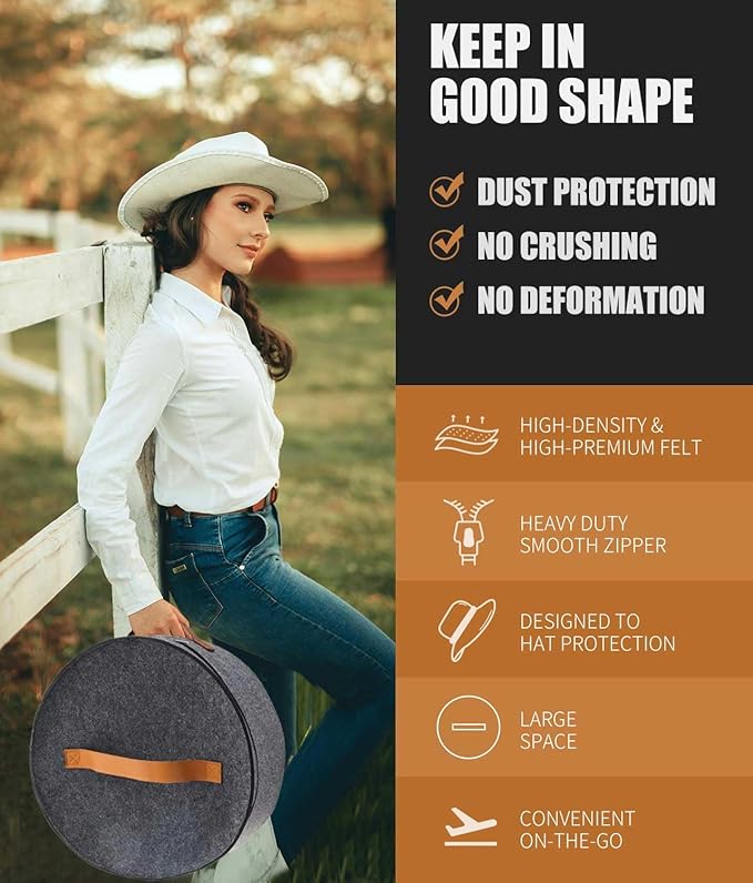 Hat Box, Travel Hat Storage Box, Foldable Space-saving Hats Boxes Organizer for Men & Women Storage, Stackable Hats Carrier Case for Round Brim, Cowboy, Panama, Tweed Caps - Grey