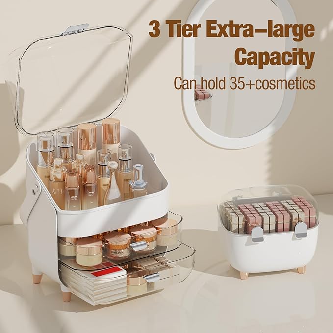 Makeup Organizer for Vanity with perfume Storage Box, Countertop Skincare Organizer with 2 Drawers, Cosmetic Display Case for Perfumes, Eyeshadow Palettes, Nail Polishes, Silver