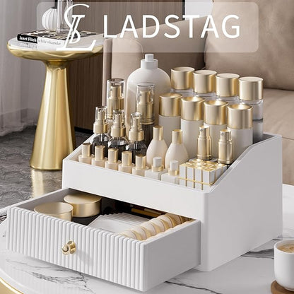 LADSTAG Makeup Organizer,Leather Skin Organizer with 1 Drawer&Tray,Luxury Beige White Makeup Storage for Perfume,Bedroom,Bathroom,Gifts for Women,Womens Gifts (White, 1-Drawer)