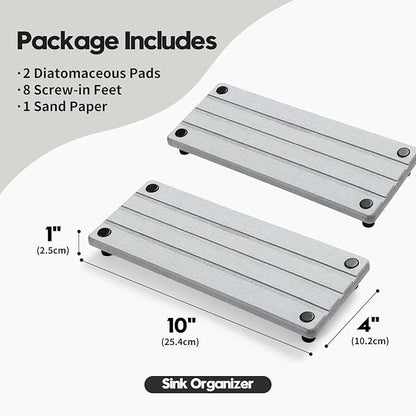 Razborci 2 Pack Fast Drying Water Absorbing Diatomite Stone Mat Tray for Kitchen & Bathroom Counter - Instant Dry Sink Caddy Organizer - Vanity Holder for Soap, Sponge – Light Gray 10" x 4"