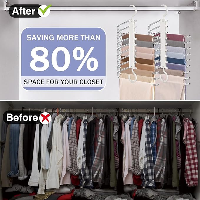 Upgrade 9 Layers Pants Hangers Space Saving, 4 Pack Pant Hangers Organizer Multifunctional Pants Rack Space Saver Closet Organizers and Storage Hangers for Pants Jeans Leggings Skirts, Snowy White