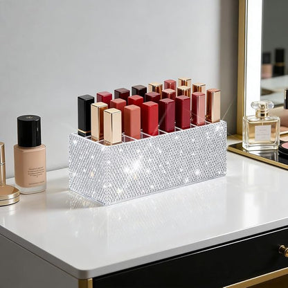 Bling Acrylic Lip Gloss Organizer for Tall Lip Gloss Lipstick Products,Glitter Beauty Makeup Holder 24 Space Organization Container Sparkle Storage Display Case