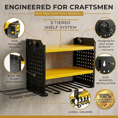 BUILTSTRONG Power Tool Organizer Wall Mount – 3-Tier Heavy-Duty Steel Rack, 6 Drill Slots, Dual Pegboard Sides, Side-by-Side Modular, 100 lb Capacity – Garage & Workshop (Yellow)