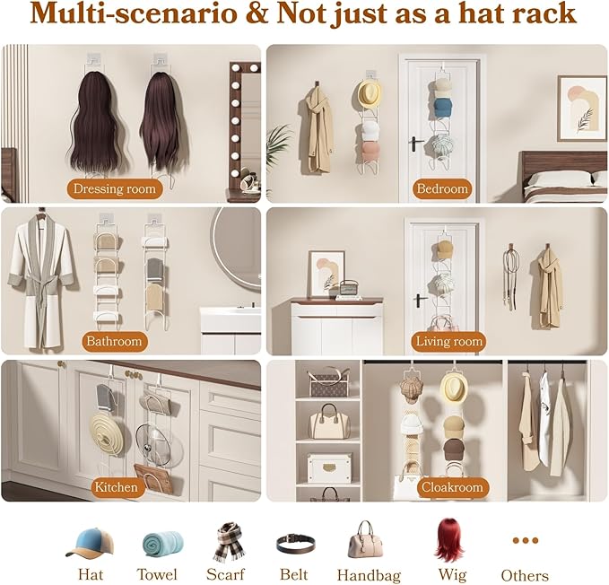 10 Pack Over The Door Hat Organizer for baseball caps | Multi-Functional Baseball Hat Rack for Closet | Wall Mounted Hat s torage organizer | 5 types of accessories cap holder stand w hooks ,White