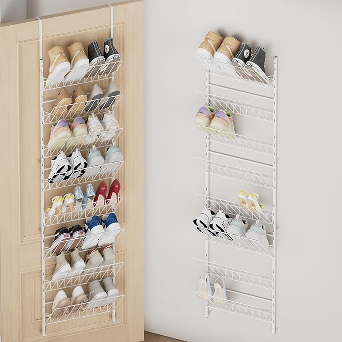 SWTYMIKI Over the Door Shoe Organizer - Adjustable 8 Tier Hanging Shoe Rack Organizer, Metal Heavy Duty Behind Door Storage or Wall Mount Shoes Shelf for Flats, Heels, Sneakers, Boots, White