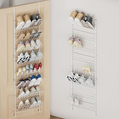 SWTYMIKI Over the Door Shoe Organizer - Adjustable 8 Tier Hanging Shoe Rack Organizer, Metal Heavy Duty Behind Door Storage or Wall Mount Shoes Shelf for Flats, Heels, Sneakers, Boots, White