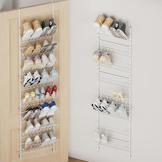SWTYMIKI Over the Door Shoe Organizer - Adjustable 8 Tier Hanging Shoe Rack Organizer, Metal Heavy Duty Behind Door Storage or Wall Mount Shoes Shelf for Flats, Heels, Sneakers, Boots, White