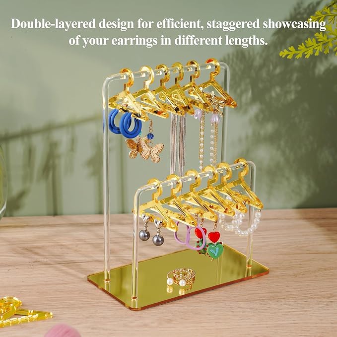 NiHome Glitter Acrylic Earring Holder with Unique Double-Tiered Design, Miniature Clothing Hangers with Spacious Storage for 48 Pairs, Mirror-Finish Display for Home Vanity & Retail Showrooms(Gold)