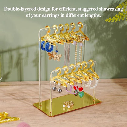 NiHome Glitter Acrylic Earring Holder with Unique Double-Tiered Design, Miniature Clothing Hangers with Spacious Storage for 48 Pairs, Mirror-Finish Display for Home Vanity & Retail Showrooms(Gold)