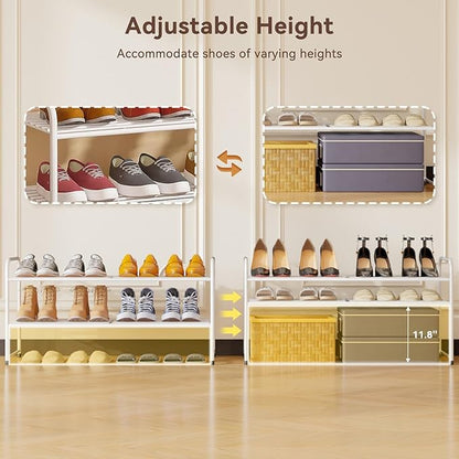 Standard Shoe Rack 2-Tier 32.5 Inches Wide, Free Standing Shoe Organizer for Indoor Outdoor | Adjustable Heavy-Duty Metal Shelf Ideal for Home Entryway Closet & Garage Balcony | White