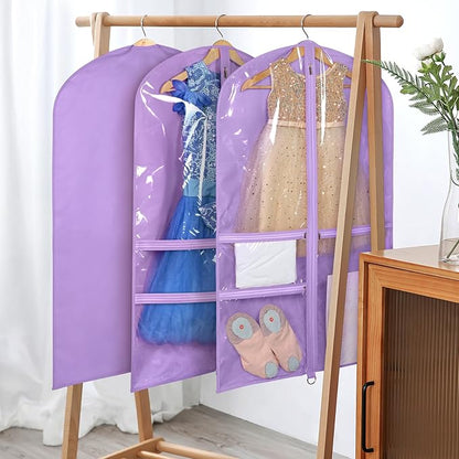 Univivi Dance Costume Bags Garment Bag 40 Inch Hanging Clothes for Dance Competitions, with 3 Medium Clear Zipper Pockets for Dance Costumes, Closet Storage (Purple) - 4 Pack